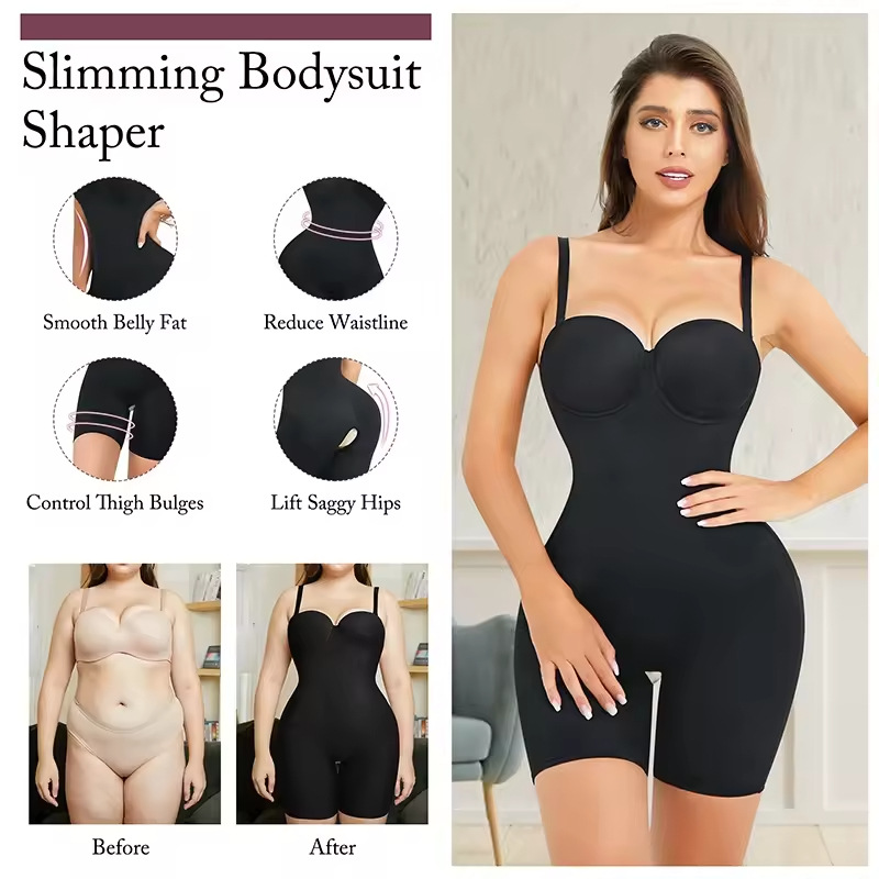 Lingerie |  Womens Shapewear Firming Strapless Mid-Thigh Bodysuit With Cups Clothing Black