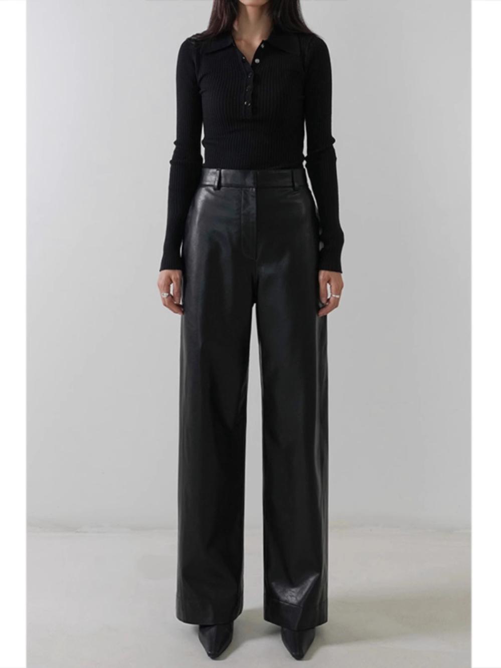 Trousers |  Womens High Rise Leather-Look Wide Leg Jeans Clothing Black